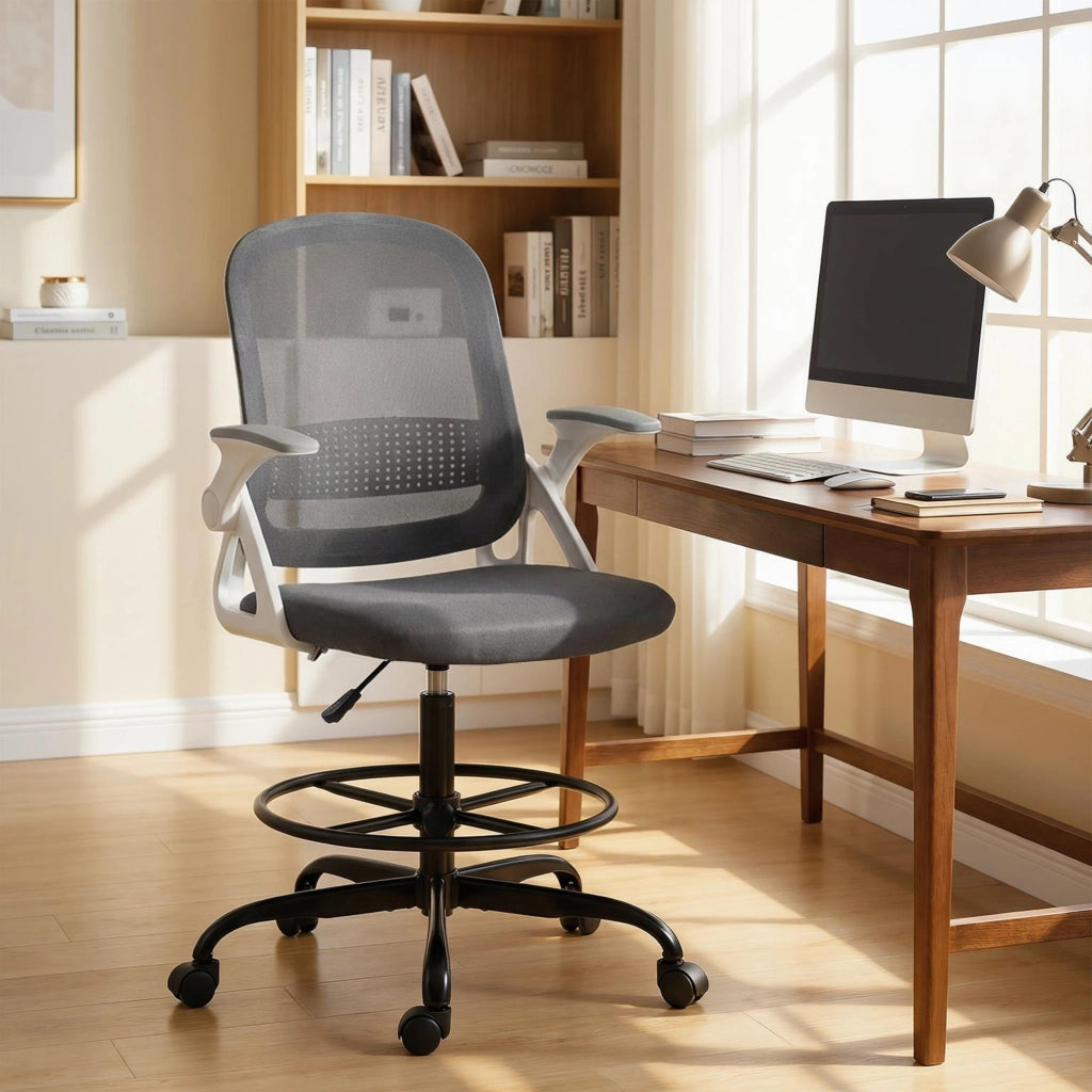 Sedia da ufficio in rete con braccioli regolabili e poggiapiedi ¨C Minimal ¨C Grigio