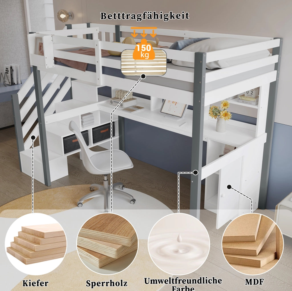 Letto semi-alto 90x200 cm con scrivania; scala contenitore e ripiani; bianco e grigio
