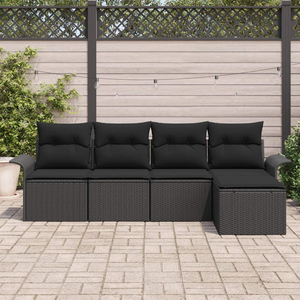 Set divano da giardino a 5 pezzi con cuscini in rattan poliviridi nero
