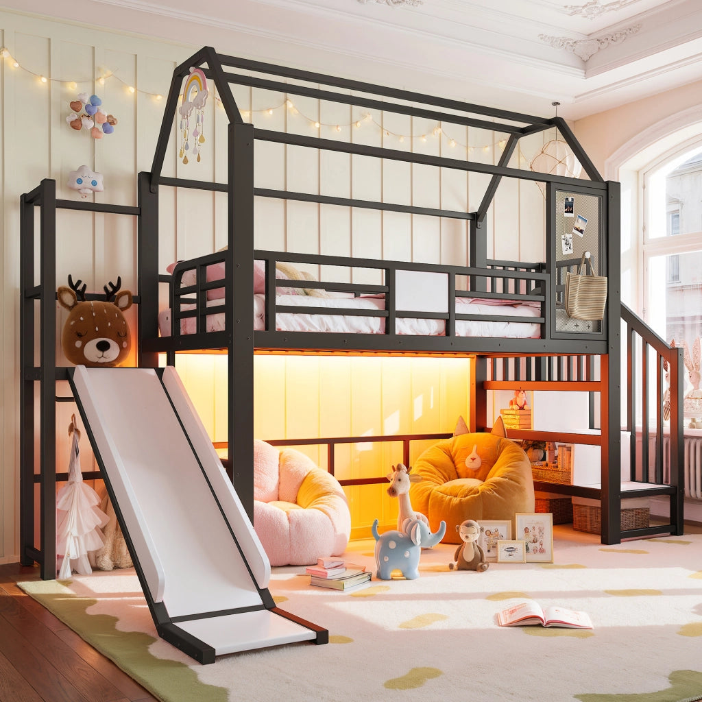 Letto a soppalco a casetta 90 x 200 cm in metallo nero con scivolo e LED
