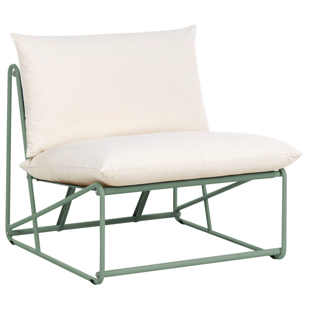 Set 4 posti composto da divano basso oversize e 2 sedie in metallo con cuscini per schienale e seduta interno ed esterno senza braccioli verde