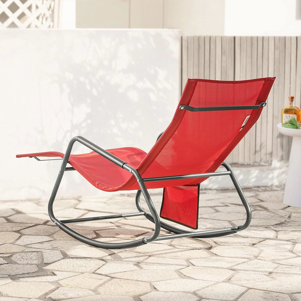 Dondolo da Giardino Sedia a Dondolo da Esterno Lettino Prendisole con Tasca Laterale Poltrona da Giardino Sdraio per Patio Balcone Campeggio Spiaggia Rosso 143x57x85 cm OGS47-R