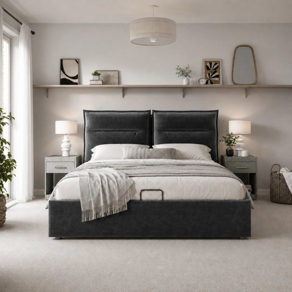 Letto matrimoniale idraulico – 140x200 cm – testiera regolabile contenitore – velluto nero