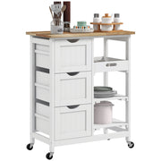Carrello da Cucina in Legno con 3 Cassetti e 3 Ripiani Aperti, 67x37x85.5 cm, Bianco
