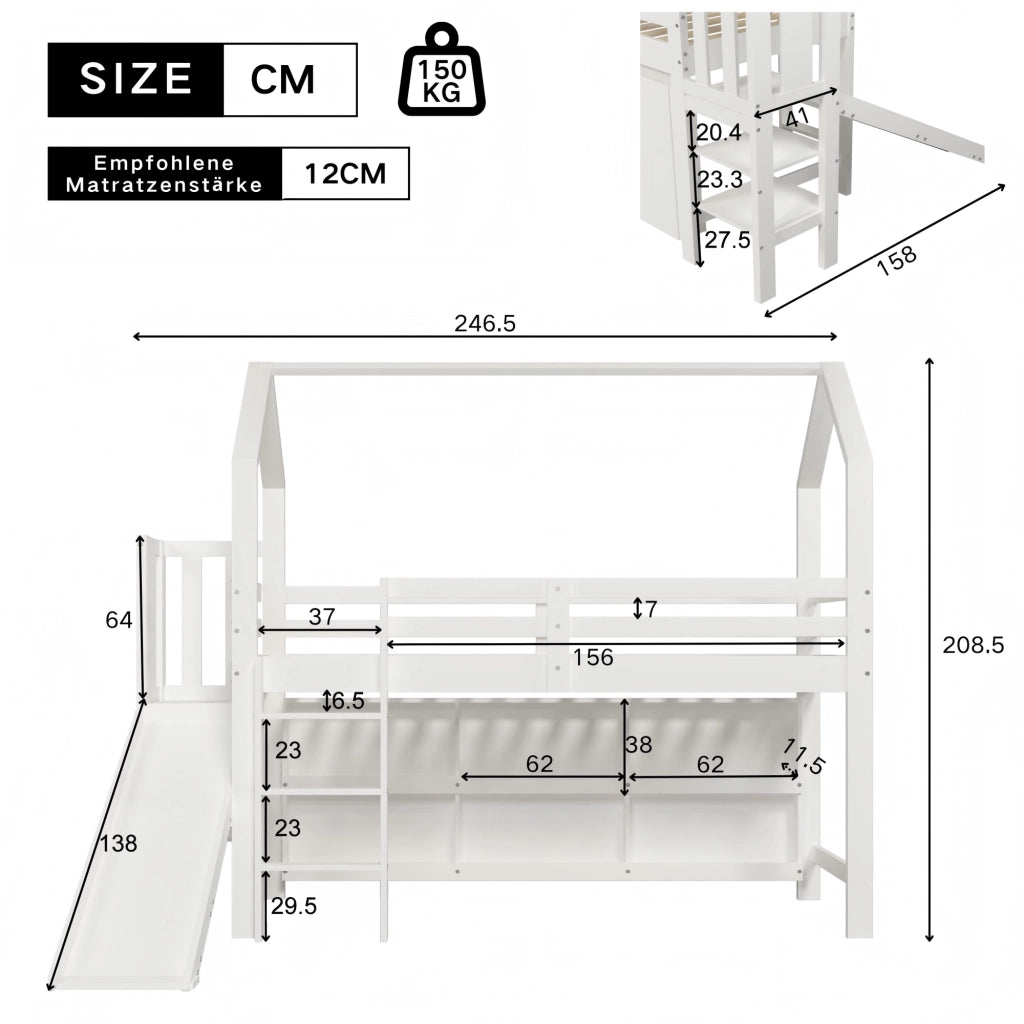 Letto singolo multifunzionale 90x200 cm con scivolo, armadietti e ripiani, bianco, senza materasso