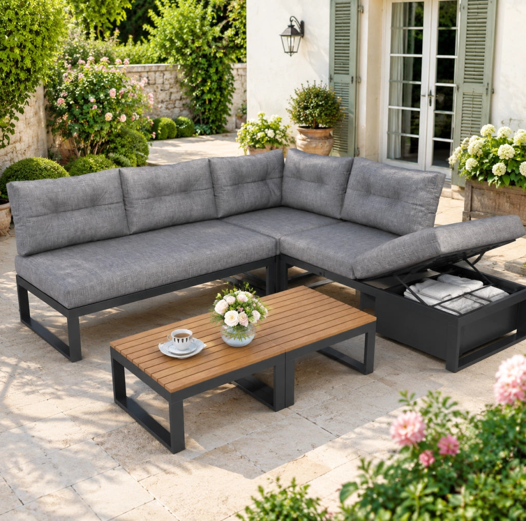 Set da giardino modulare 191.5x191.5x79 cm con contenitore; poliestere grigio