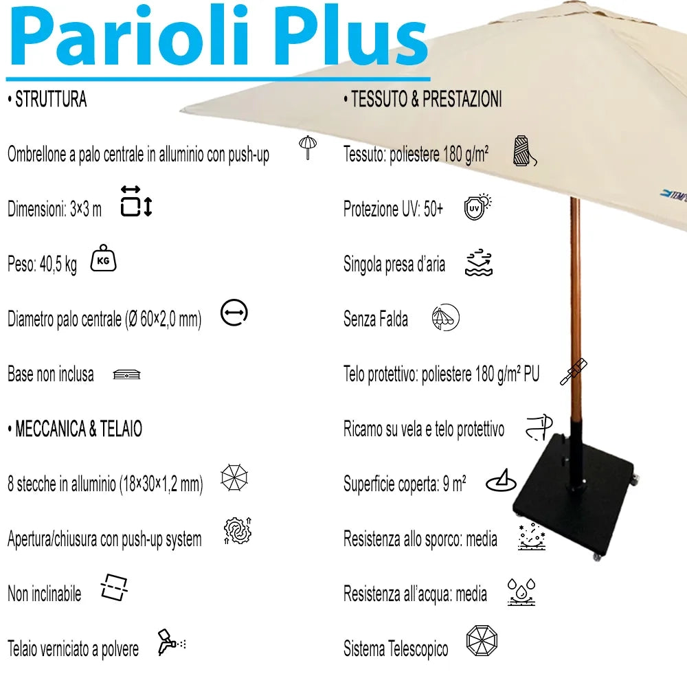 Tempo Style - Ombrellone 3×3 per esterni Parioli Plus – Beige/Legno Noce