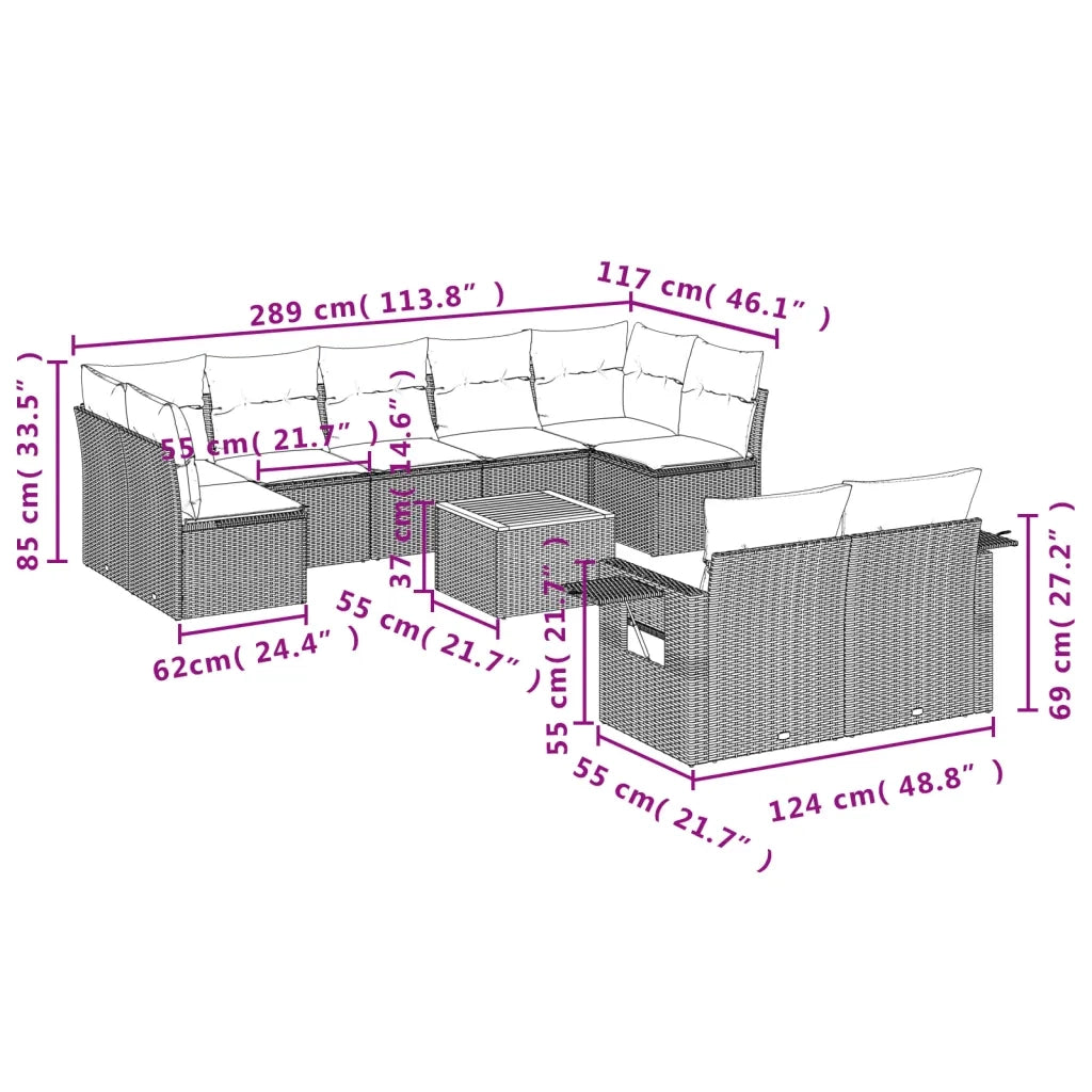 Set Divano da Giardino 10 pz con Cuscini Grigio in Polyrattan 3224716