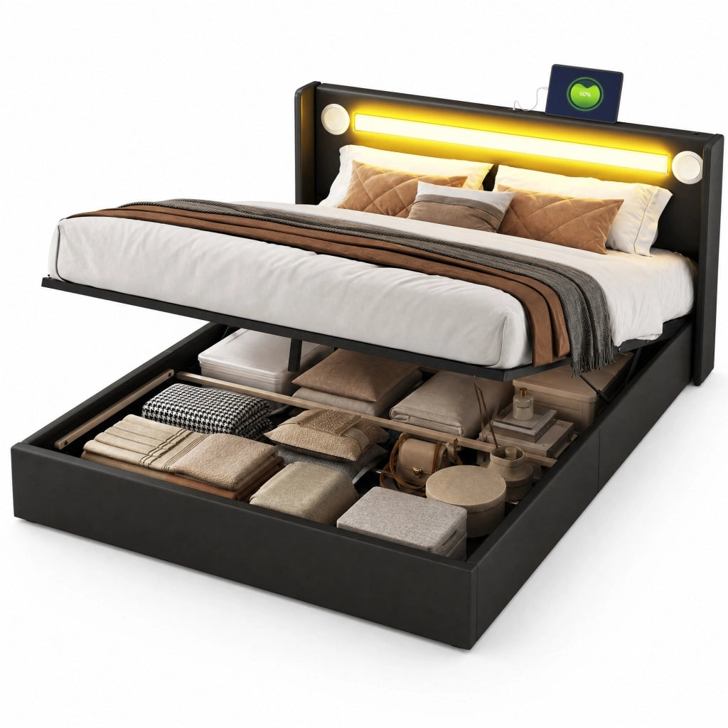 Letto contenitore 160x200 cm nero in similpelle con LED, Bluetooth e USB