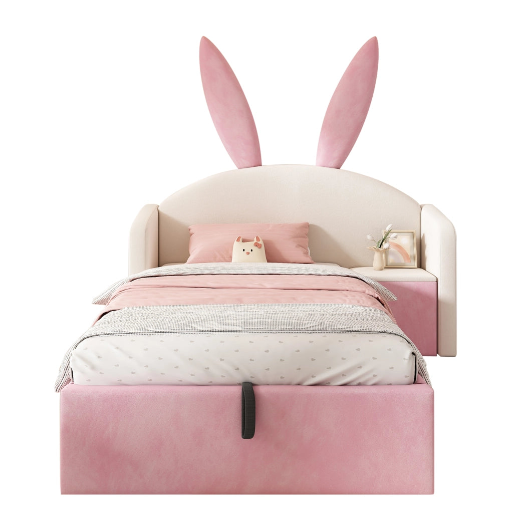 Letto imbottito con vano contenitore 90x190 cm velluto beige-rosa