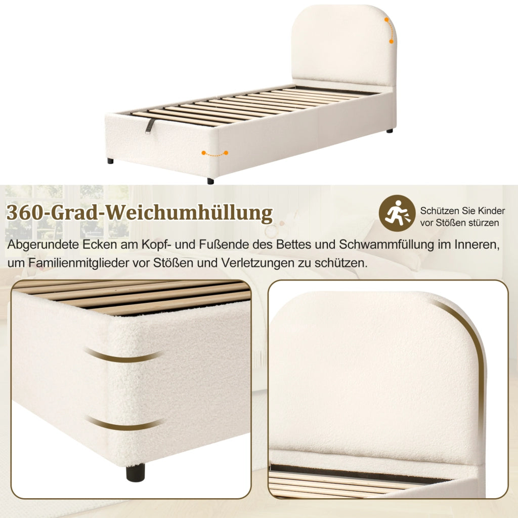Letto imbottito per bambini con contenitore idraulico; rete a doghe; bouclé beige