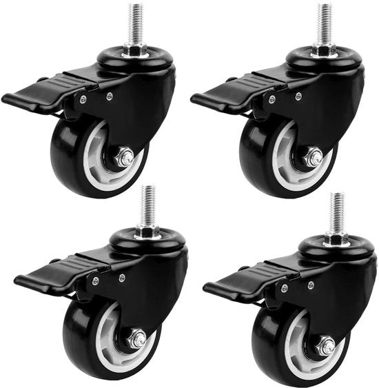 Set di 4 ruote inclinabili con freno M8×25mm, ruote pesanti 50mm per mobili, M8 filo, ruote in gomma, silenziose e non lasciano tracce, capacità di carico 210kg.