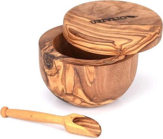 Krater a Erba per Mano Fatto di Legno di Oliva e Legno - 10 cm di Diametro - Coperchio Magnetico - Vaschetta per Sale - Unico Regalo Sostenibile per Vaschetta per Sale