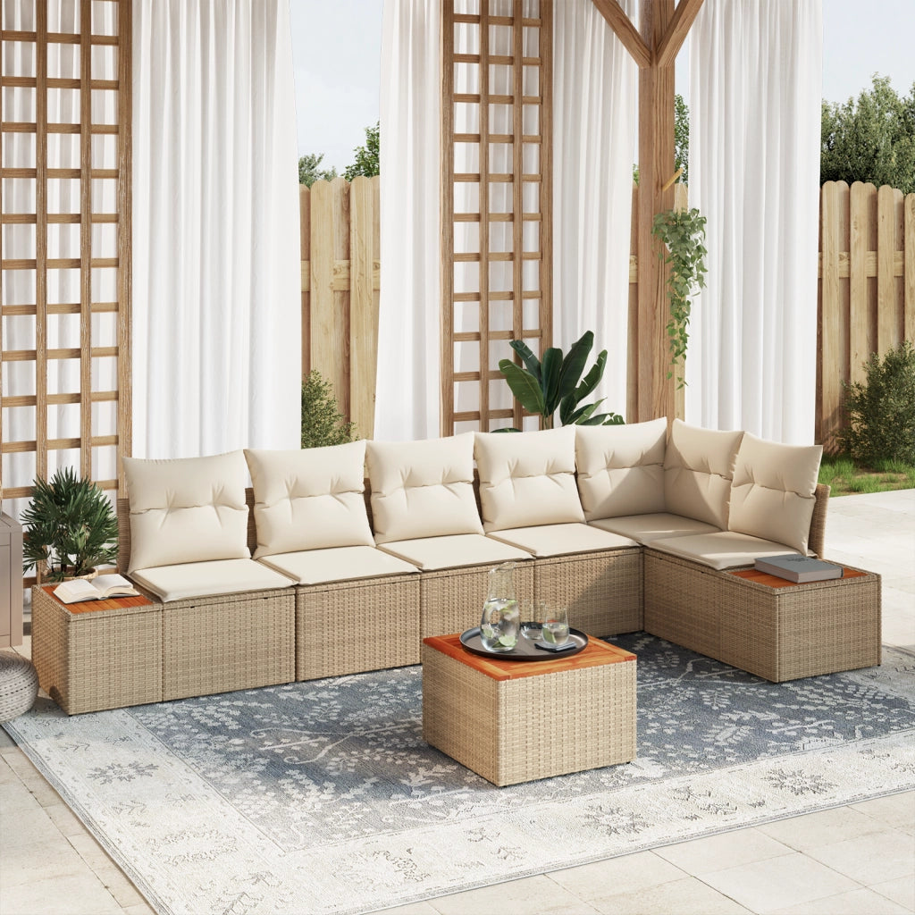 Set di divano da giardino  da 7 pezzi con cuscini Beige Polirattan Acacia