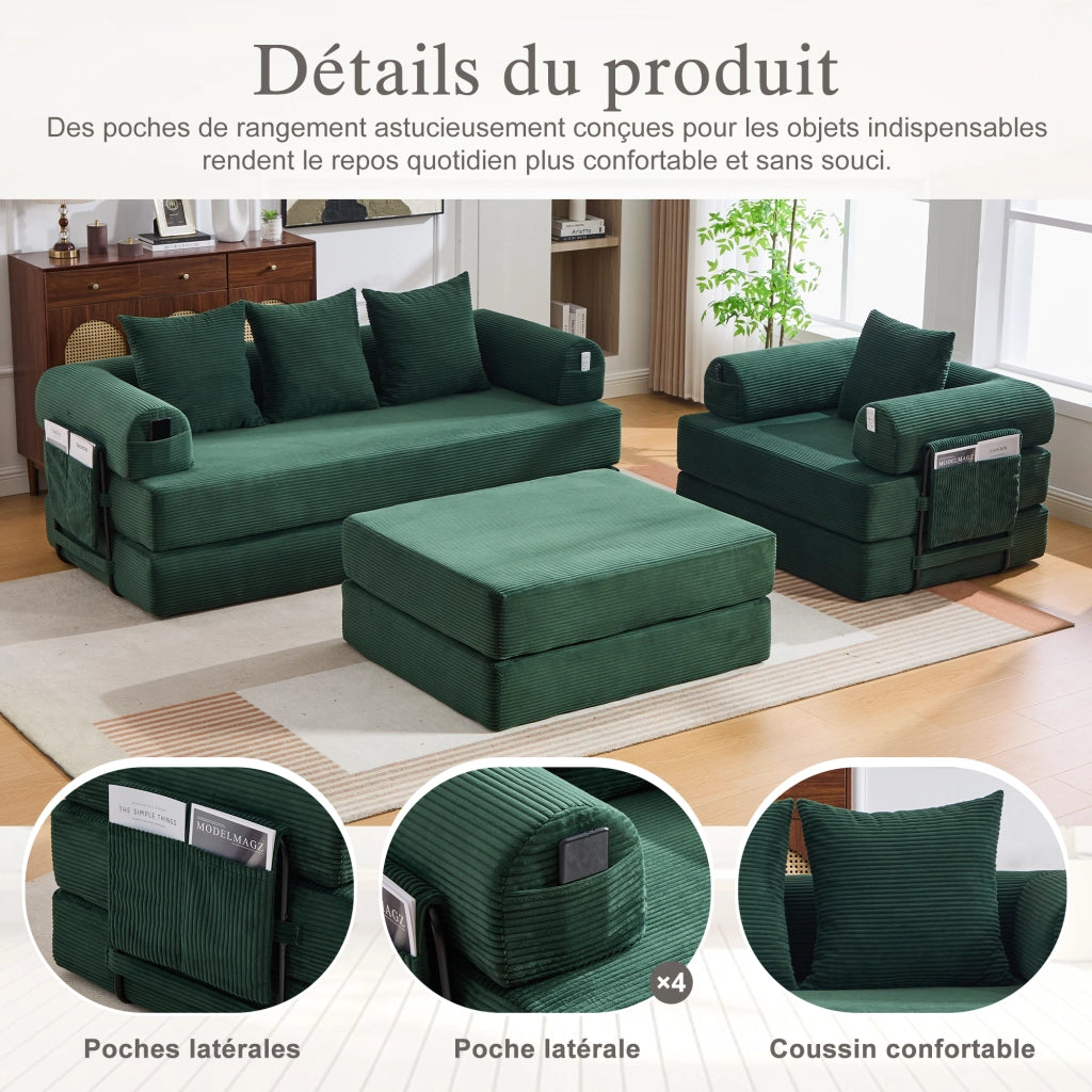 Divano modulare 4 posti con pouf e tasca laterale in velluto a coste verde smeraldo