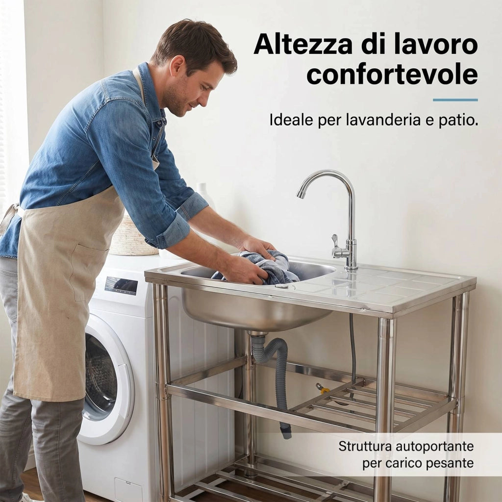 Lavandino in Acciaio Inox Autoportante con Rubinetto e 2 Ripiani – Lavello 1 Vasca con Gocciolatoio Reversibile da Cuc