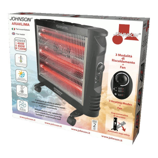 Stufa al Quarzo Ventilata Potenza 400-1200W 3 Modalità di Riscaldamento Ventola Spegnimento Automatico Protezione Surriscaldamento