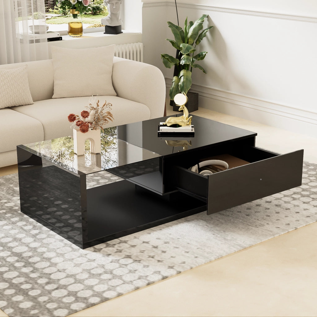 Tavolino da caffè 105x55x32.5 cm; piano in vetro temperato con LED a 16 colori; pannello truciolare nero