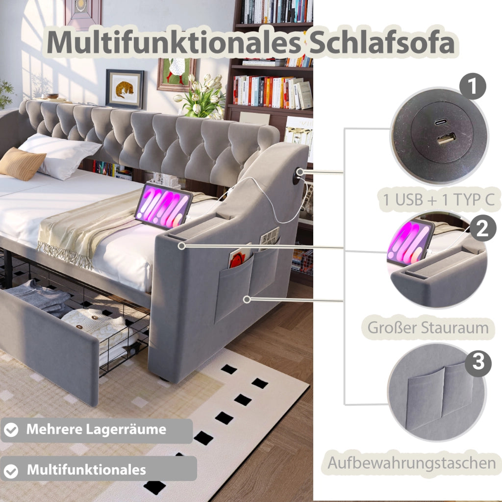 DIVANO LETTO 90x190 cm Grigio chiaro in velluto con cassetti contenitore