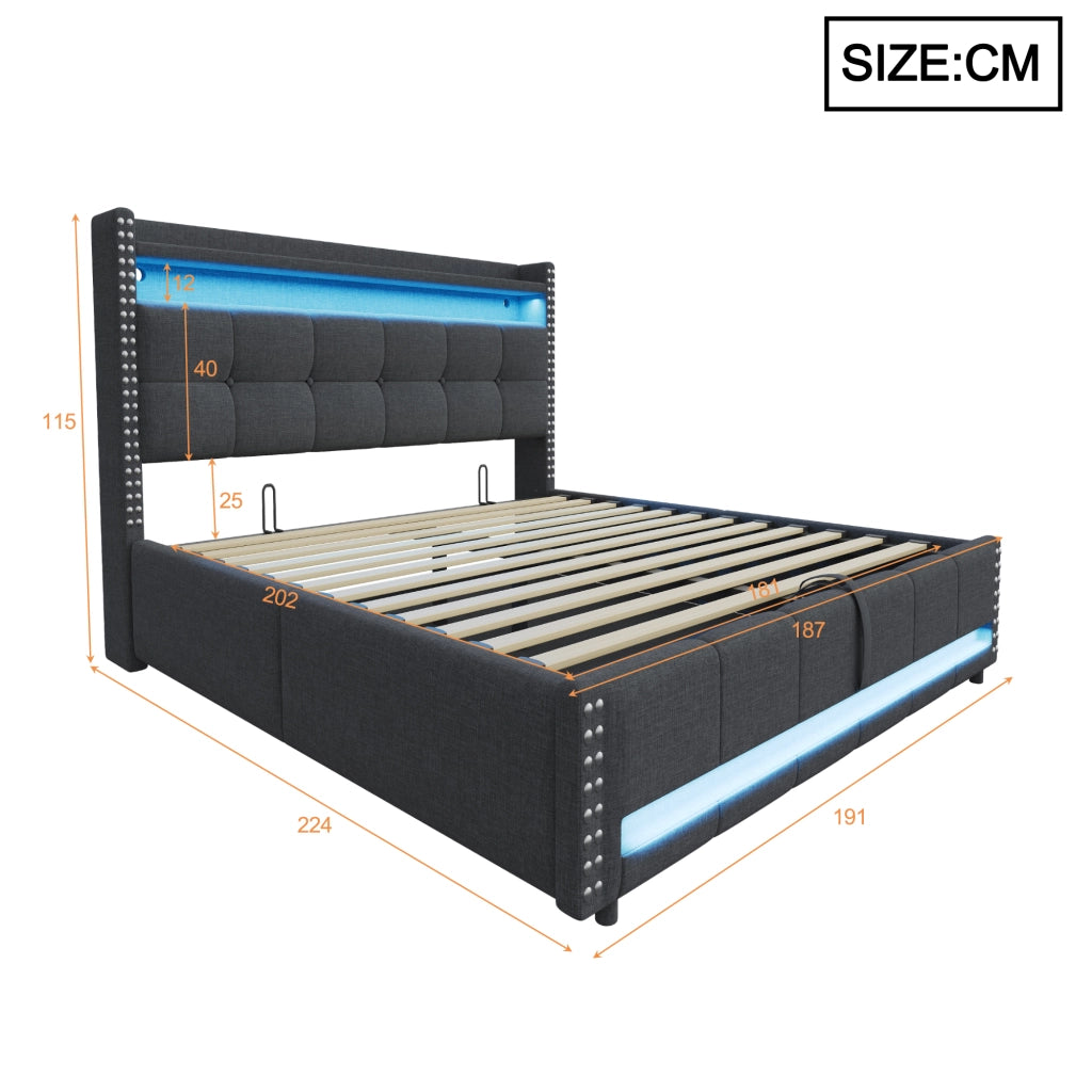 OKWISH Letto Contenitore 180×200 cm, Letto Matrimoniale con LED Regolabile, USB, Tipo C e Mensole, senza Materasso, in Tessuto - Grigio