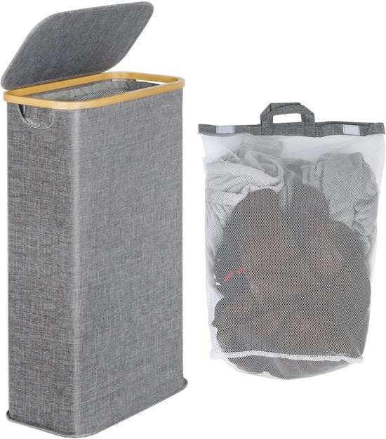 Wasmachine compatta 63L, Wasmachine compatta con coperchio, Wascio compatto blu grigio pieghevole con maniglie in bambù e contenitore rimovibile per cucina, camera da letto, bagno