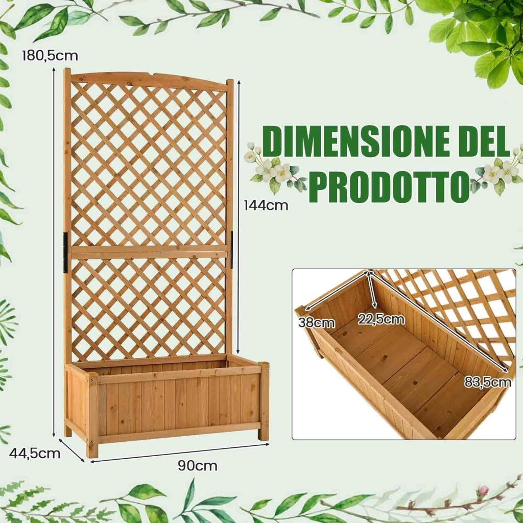 Fioriera da Esterno con Grigliato, Letto Rialzato in Legno con Traliccio e Fori di Drenaggio, Aiuola Rialzata per Piante Rampicanti e Fiori, 90 x 44,5 x 180,5 cm (Arancione)