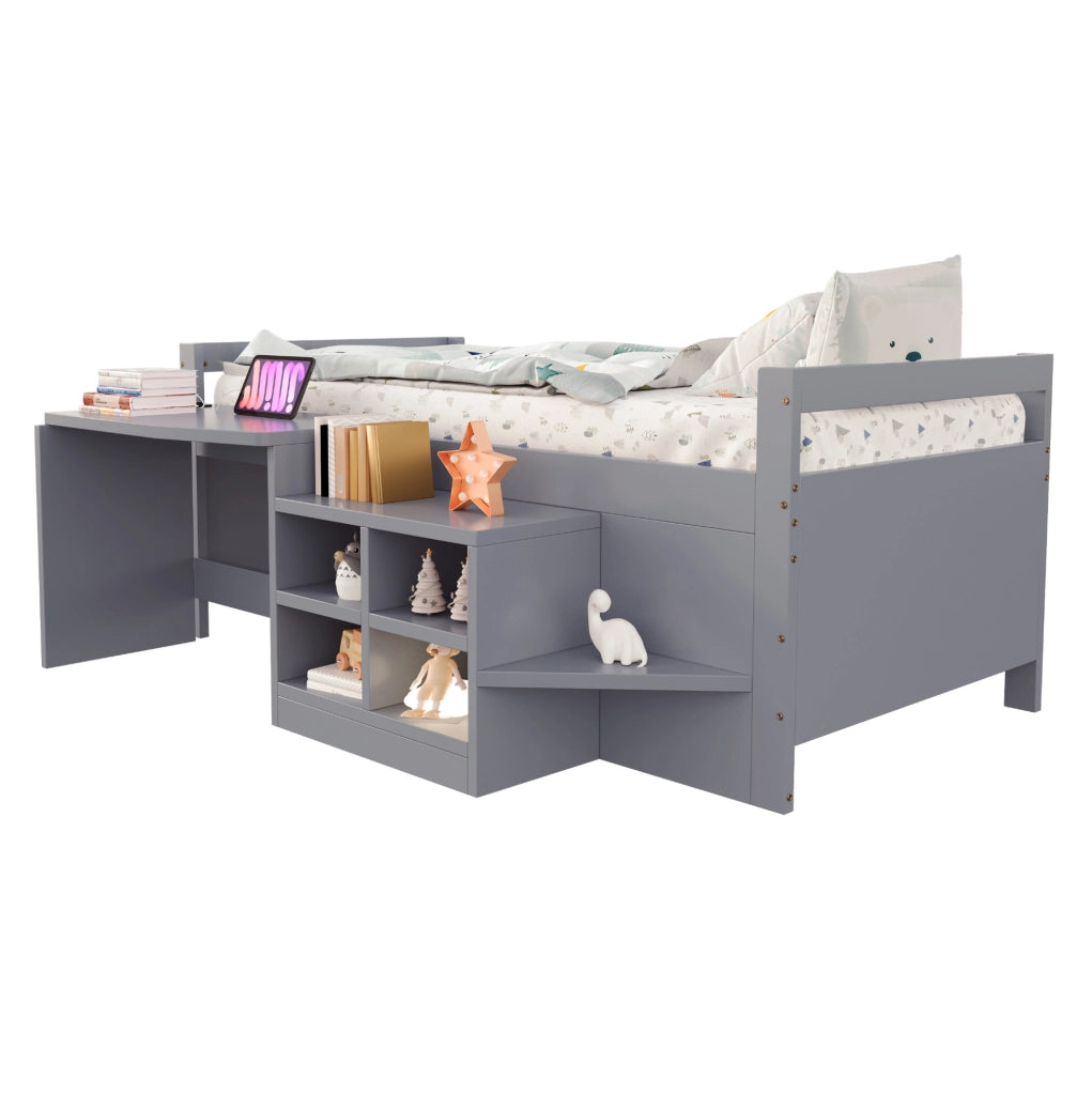 Letto singolo multifunzione 90x200 cm con scrivania; vani portaoggetti e prese USB; grigio