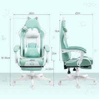 Sedia da Gaming Reclinabile con Poggiapiedi e Cuscini, in Finta Pelle e Spugna, 65x62x116-124 cm, Bianco e Blu