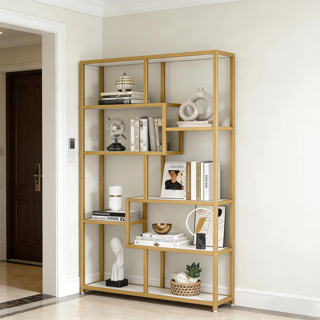 LIBRERIA a 8 ripiani 180x100x20 cm Metallo Oro e Bianco effetto marmo