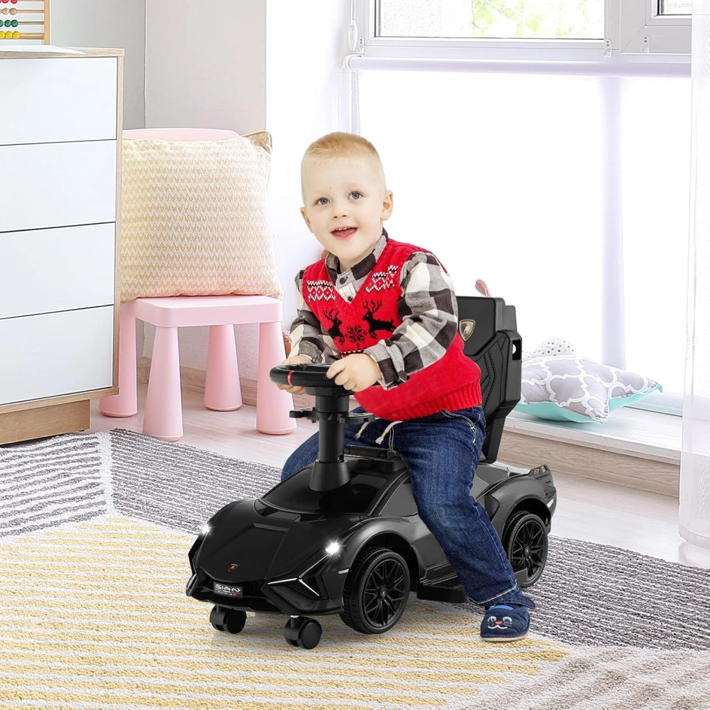 3 in 1 Auto da Spinta, Auto Scorrevole con Paracolpi e Manubrio Rimovibili Musica e Fari, Spazio di Stoccaggio Nascosto e Ruote Universali Staccabili, Bambini 18-24 Mesi (Nero)