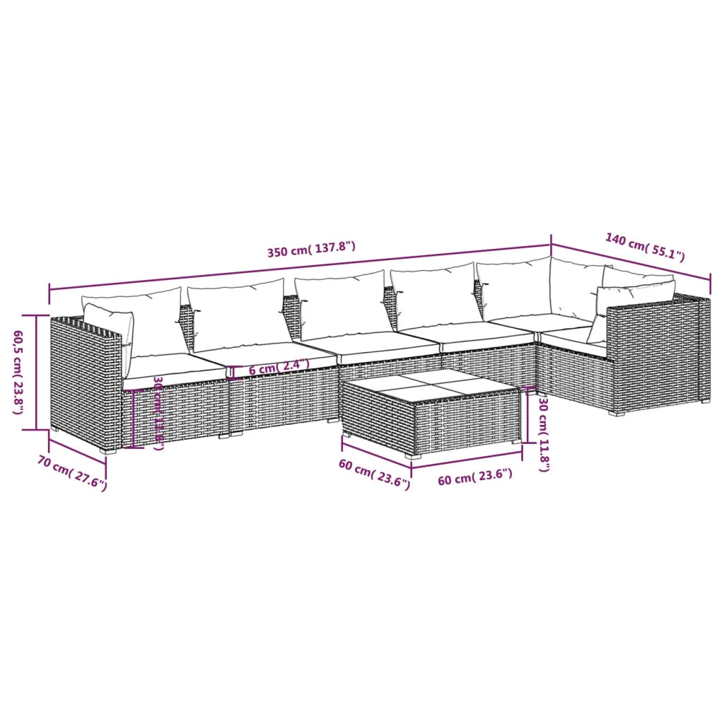 Set Divani da Giardino 7 pz con Cuscini in Polyrattan Grigio cod mxl 52067