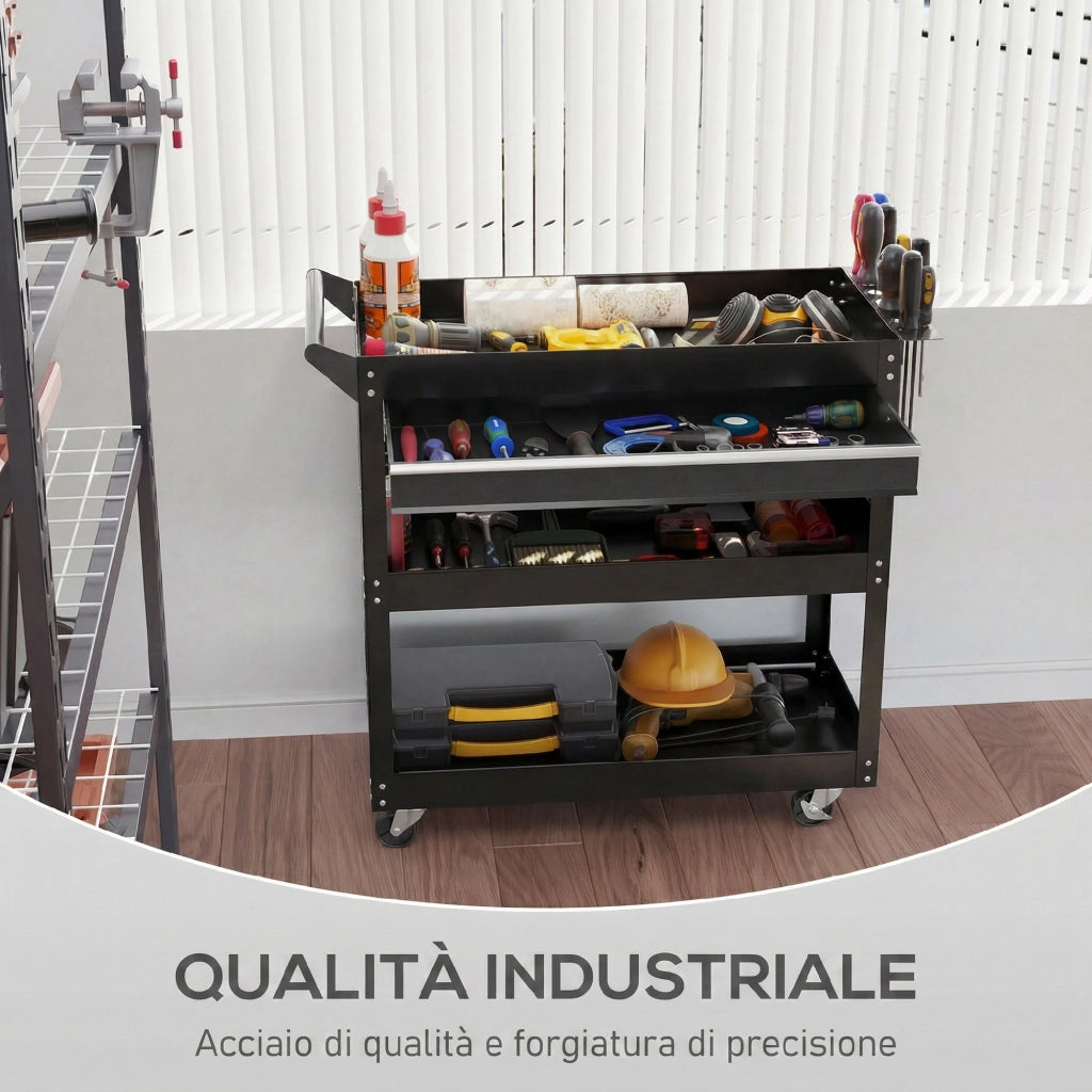 Carrello 3 Livelli 82x35x76 cm con Cassetto Porta Utensili Laterale e Maniglia in Acciaio Nero