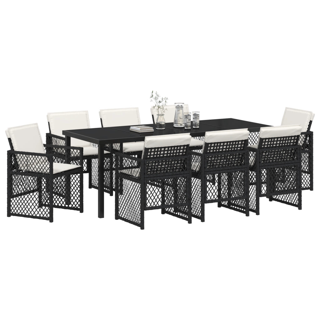 Set da pranzo da giardino 9 pezzi con cuscini Rattan nero poli