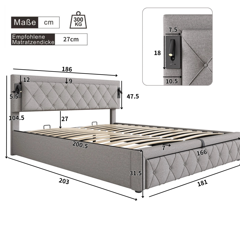 Letto matrimoniale contenitore 180x200 cm; LED e porte USB; lino grigio