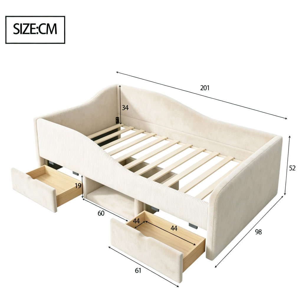 Letto per bambini 90x190 cm con 2 cassetti e sponde in velluto beige