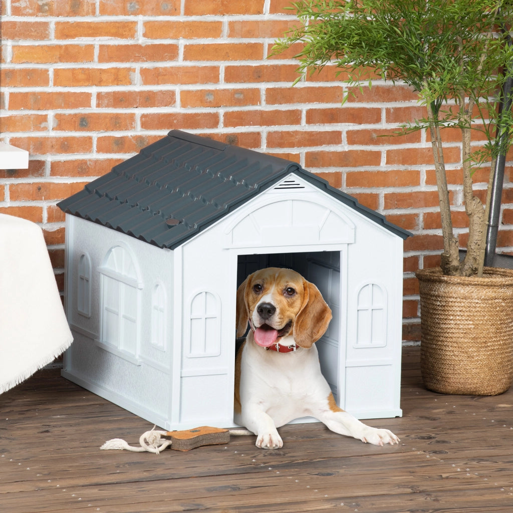 Cuccia per Cani in Plastica con Tetto Spiovente, Resistente alle Intemperie, Grigia, 65 x 75,7 x 63 cm
