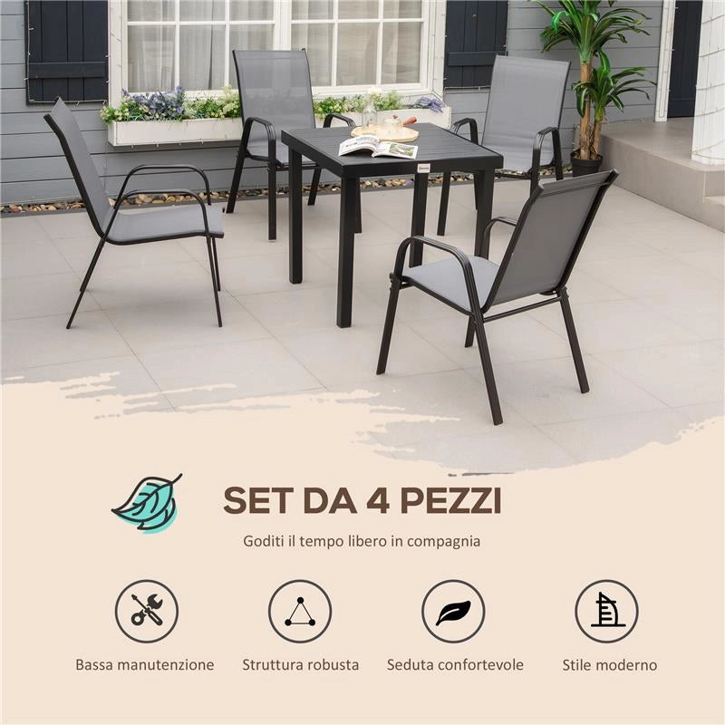 SET 4 SEDIE DA GIARDINO IMPILABILI E SALVASPAZIO CON BRACCIOLI IN METALLO E TESSUTO A RETE, GRIGIO