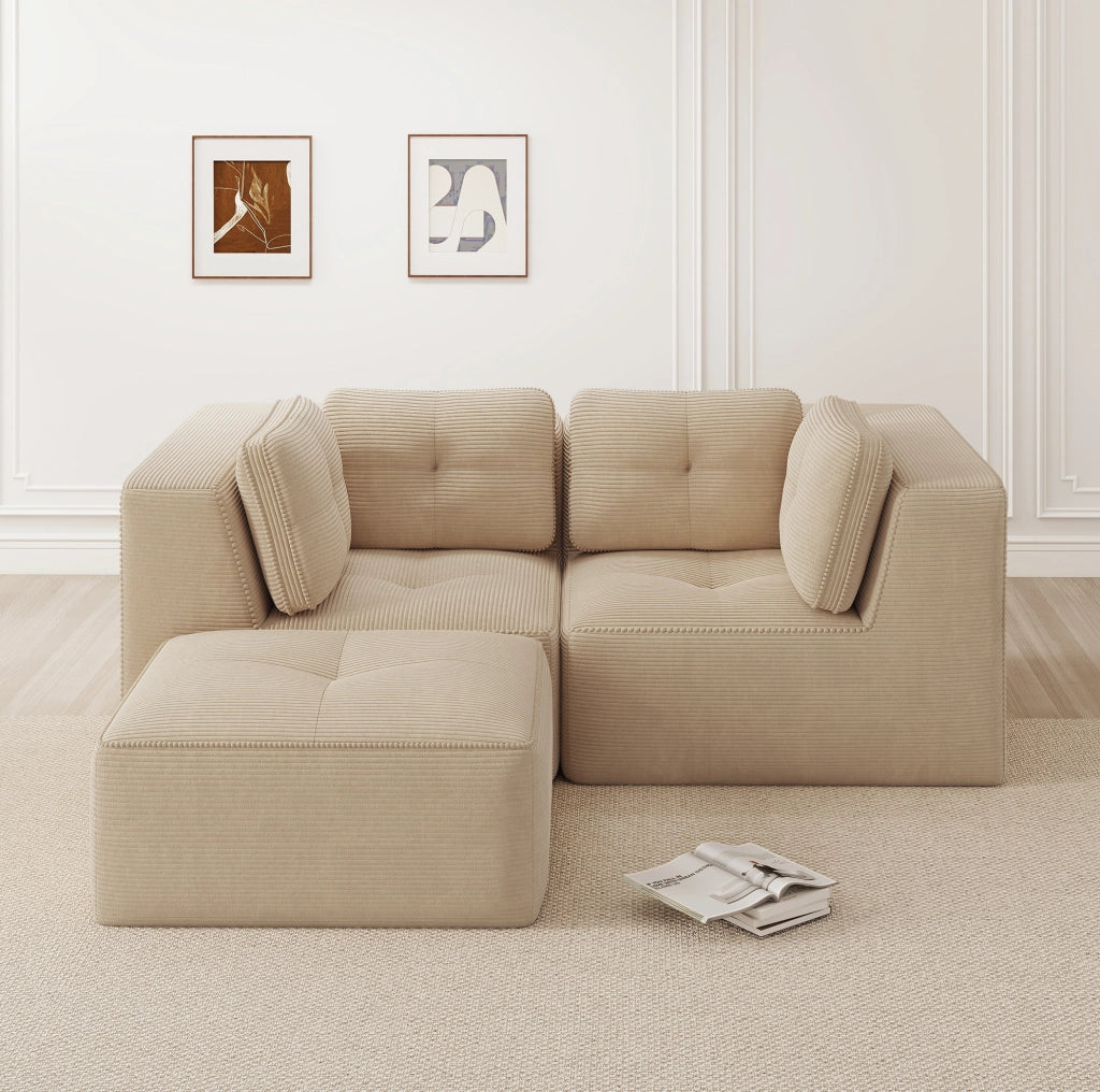 Divano angolare modulare in tessuto corduroy beige 208x177x69 cm; componibile