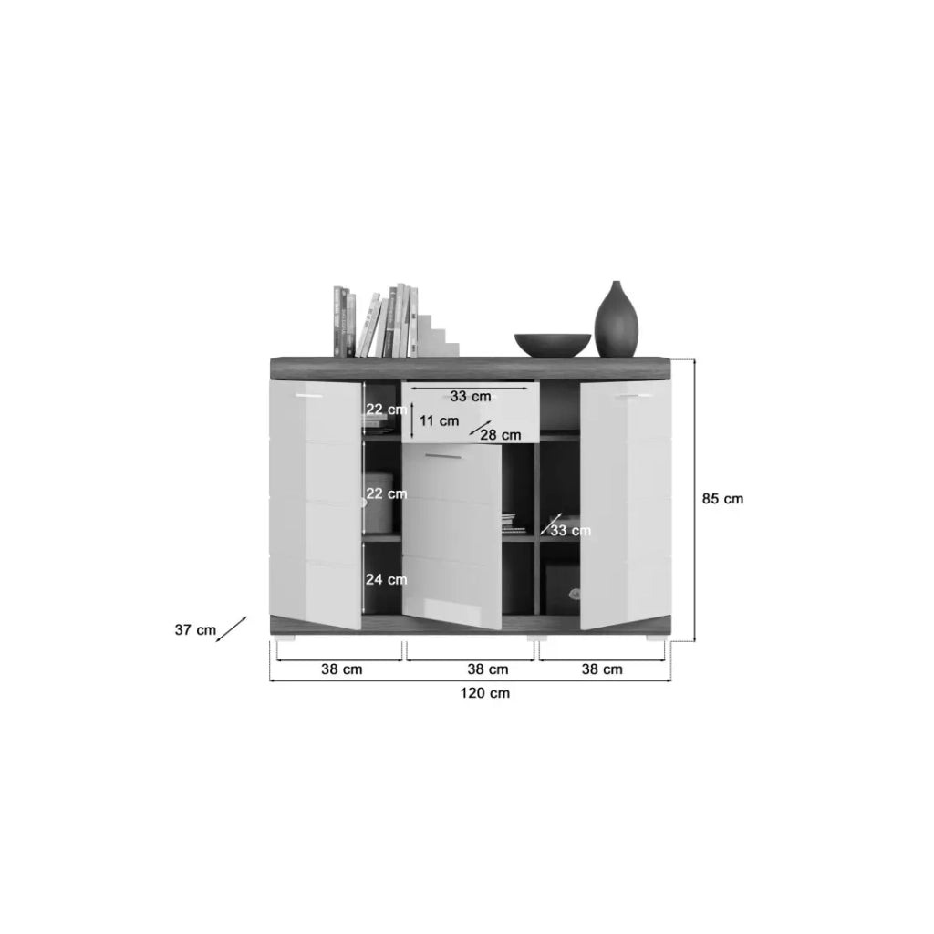 Buffet SCOTT – 3 porte e 1 cassetto – Grigio scuro e bianco – 120x85x37 cm