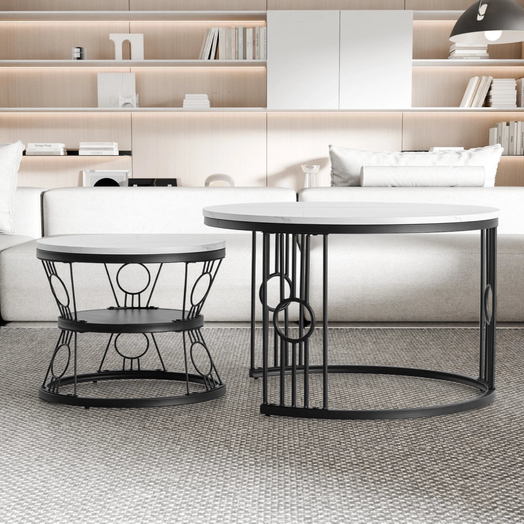 TAVOLINO DA CAFFÈ Set 2 Pezzi 70x70x45 cm MDF Bianco con Struttura Nera