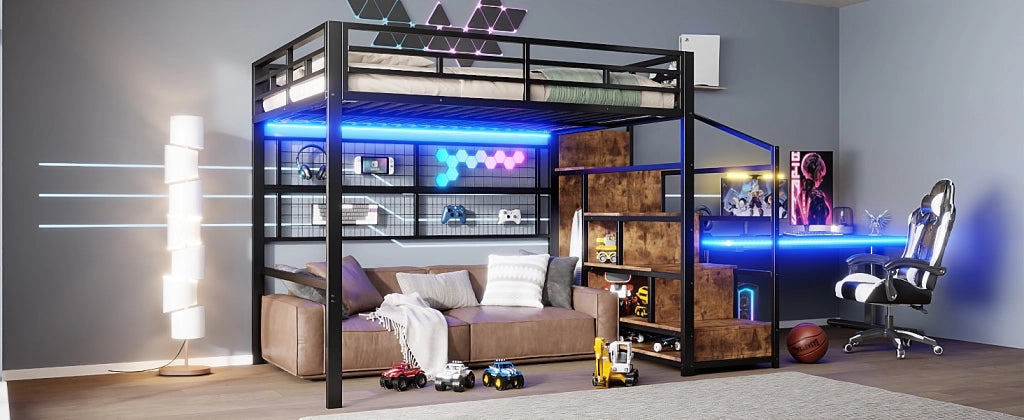 LETTO A SOPPALCO 140x200 cm Metallo Nero con scala armadio e griglia pensile
