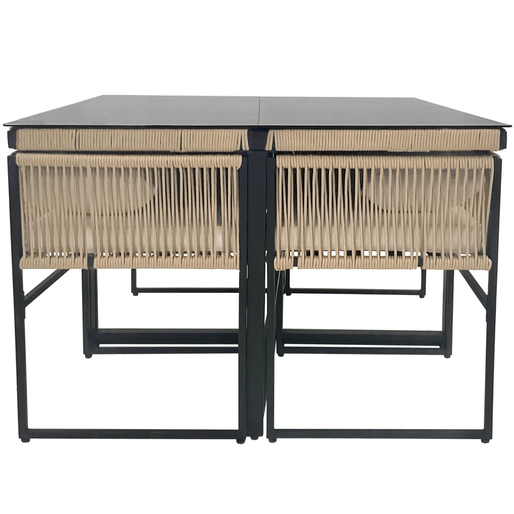 Set pranzo giardino 5 pezzi: tavolo pranzo + 4 sedie impilabili; ferro; vetro sicurezza; beige
