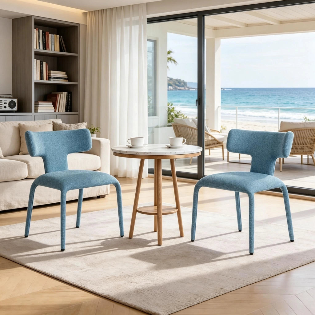 Sedia Set da 2 con Schienale Curvo Ergonomico, Base Girevole con Ruote, in Lino e Metallo Blu