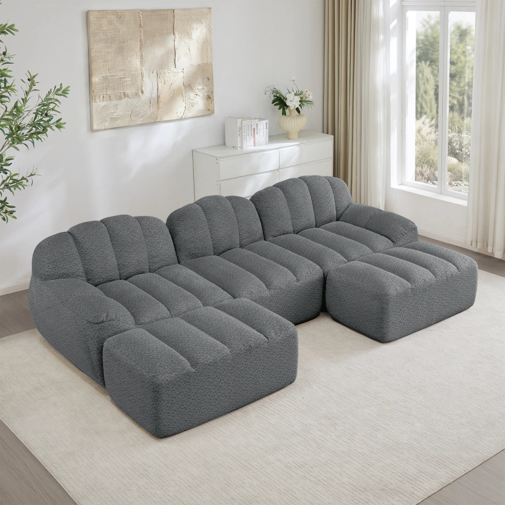 Divano modulare senza struttura 3 posti con ottomano; schiuma 32D; in pile granulato; grigio