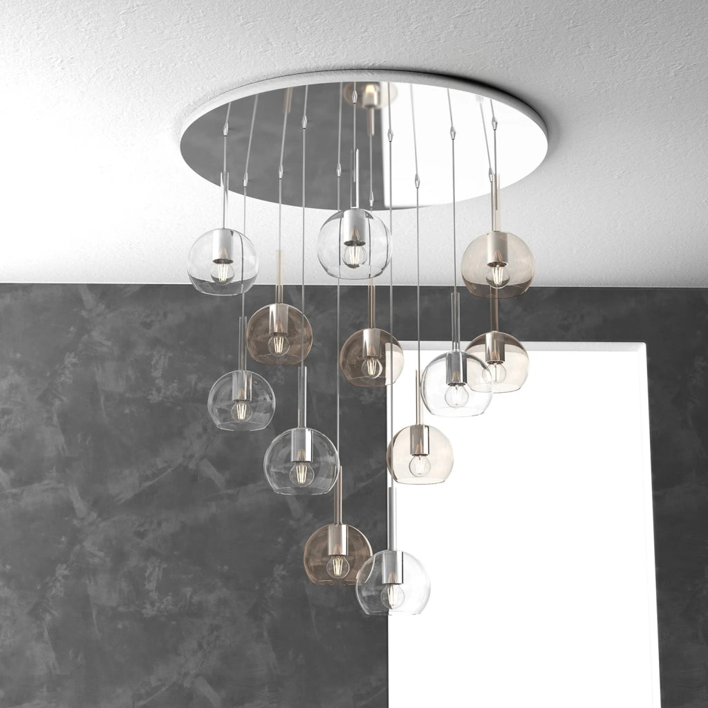Lampadario Contemporaneo Future Metallo Cromo Vetro Trasp-Ambra 12 Luci E27
