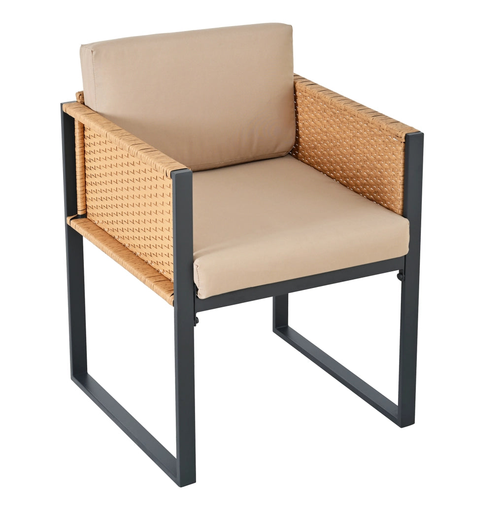 Set da pranzo da esterno in rattan PE con tavolo in vetro temperato e 6 sedie; nero e marrone