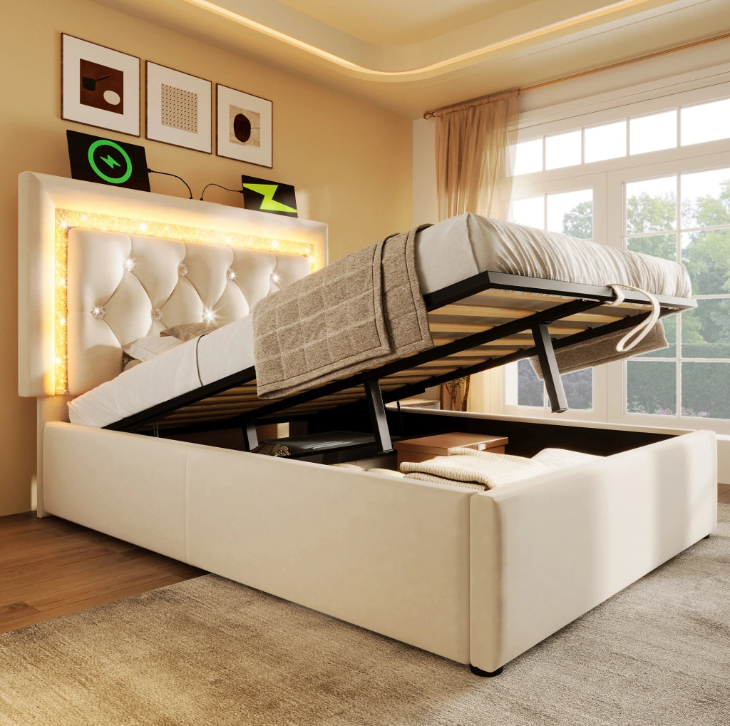 Letto singolo 90x200 cm con contenitore; LED e porta USB C; velluto beige