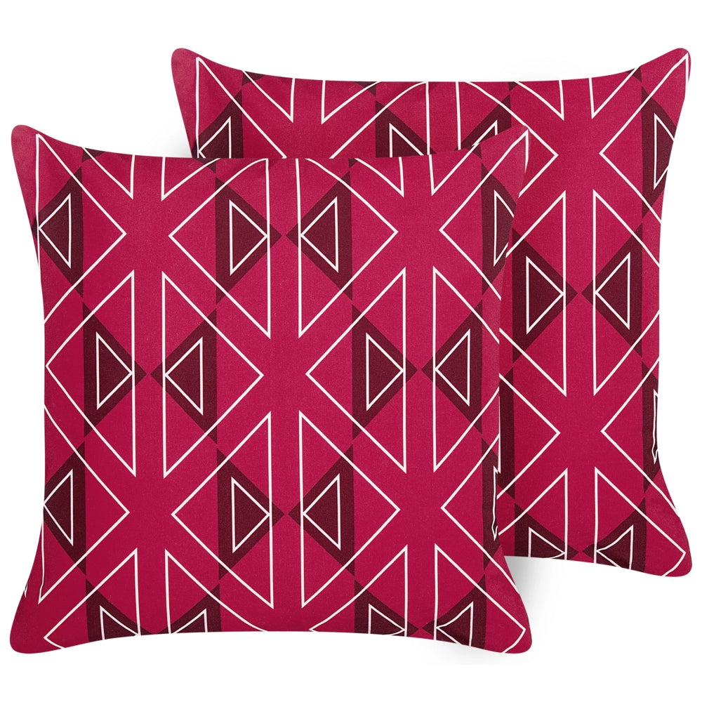 Set di 2 cuscini da giardino in poliestere fucsia con motivo geometrico 45 x 45 cm rettangolari moderni per esterni resistenti all'acqua.