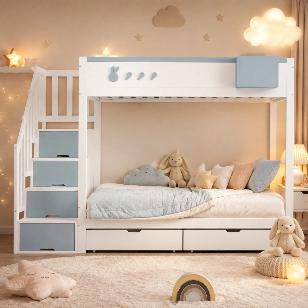 LETTO A CASTELLO 90x200 cm in Legno Bianco e Blu con sponde e ripiano rimovibile