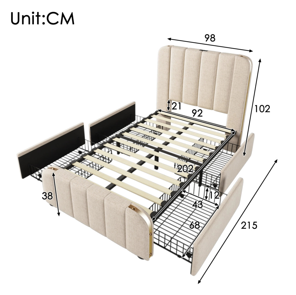 Letto singolo imbottito 90x200 cm con 4 cassetti, USB e materasso incluso